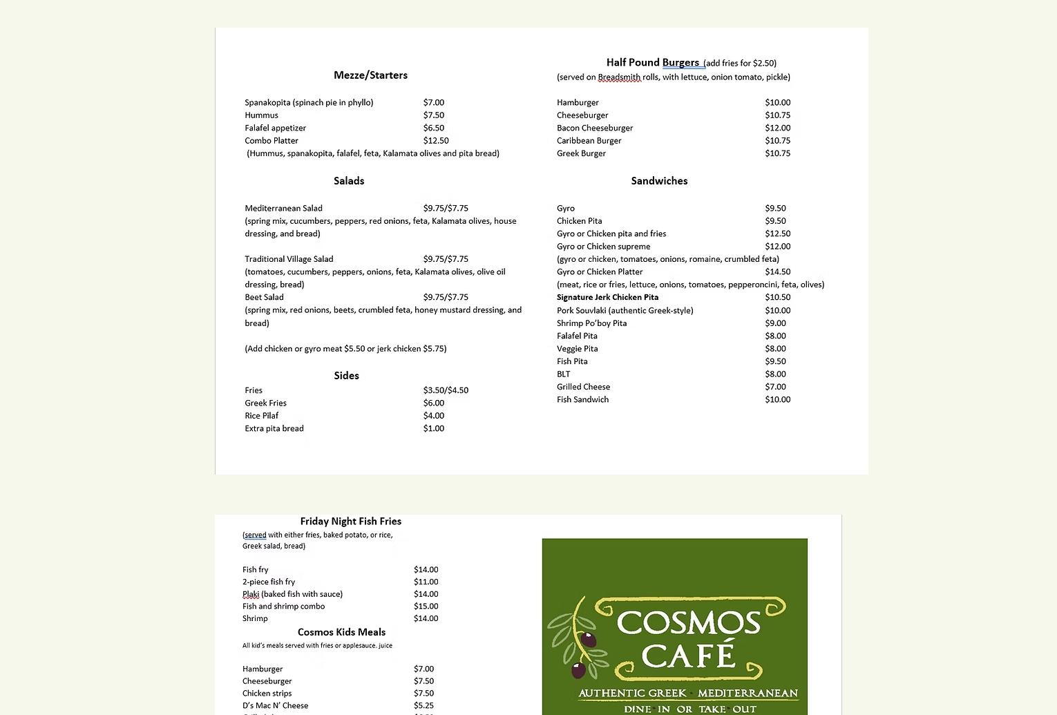 Cosmos Cafe Menu