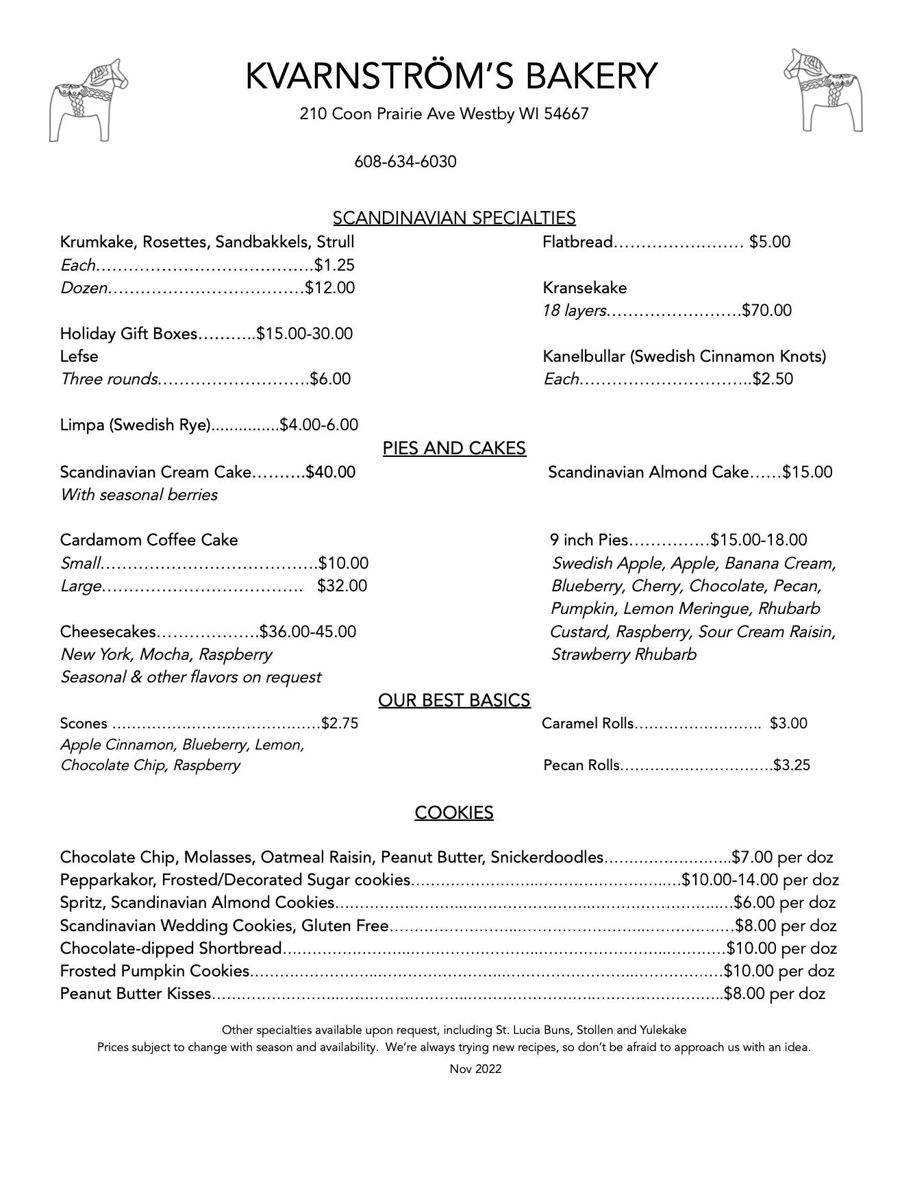 Kvarnstrom Bakery Menu