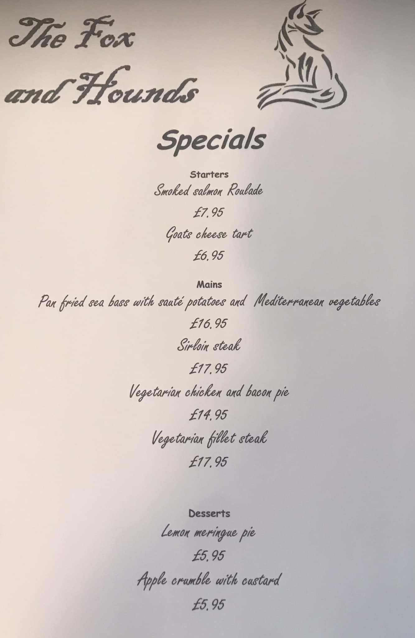 The Fox and Hounds Menu