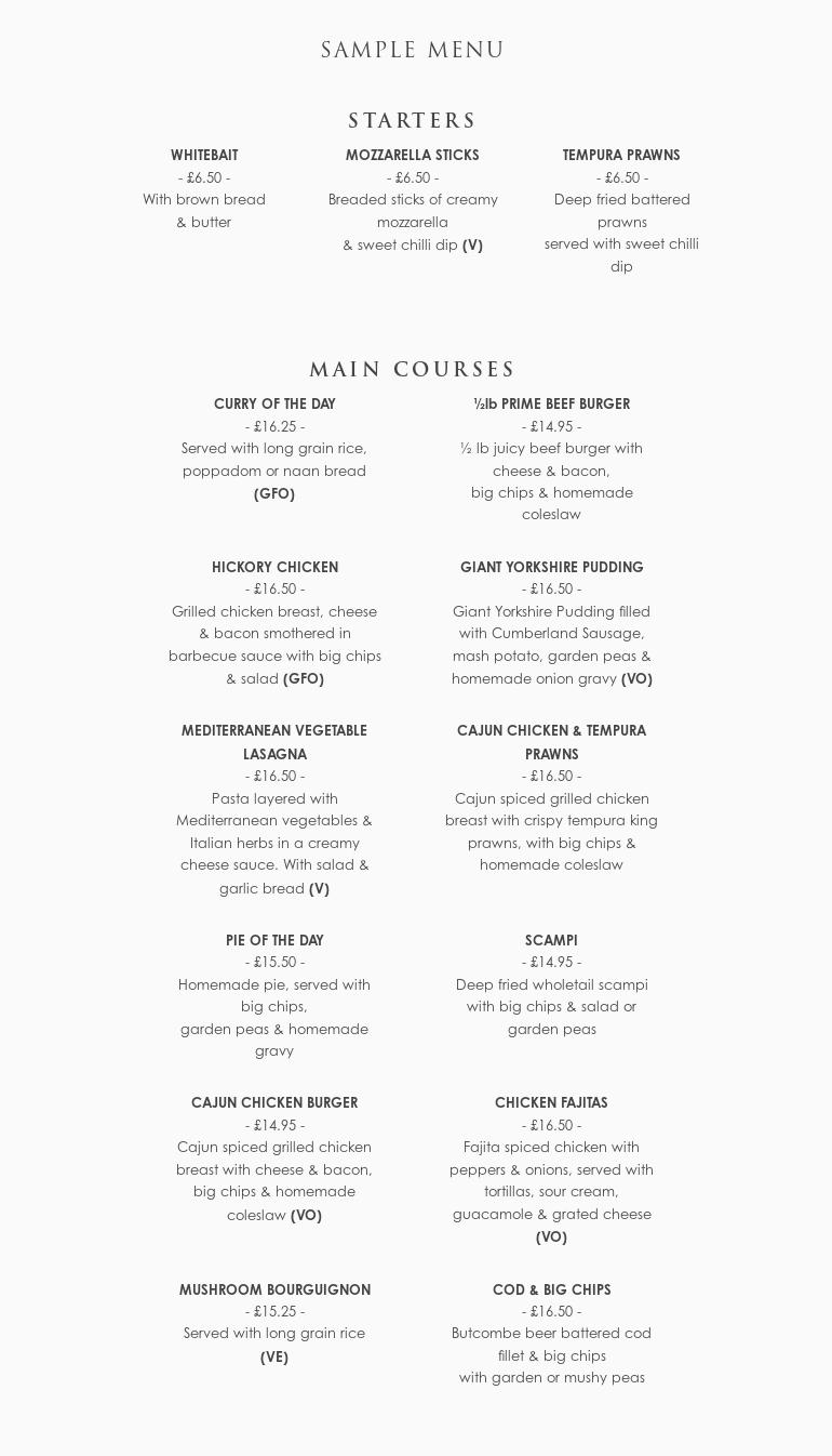 The Black Horse Menu