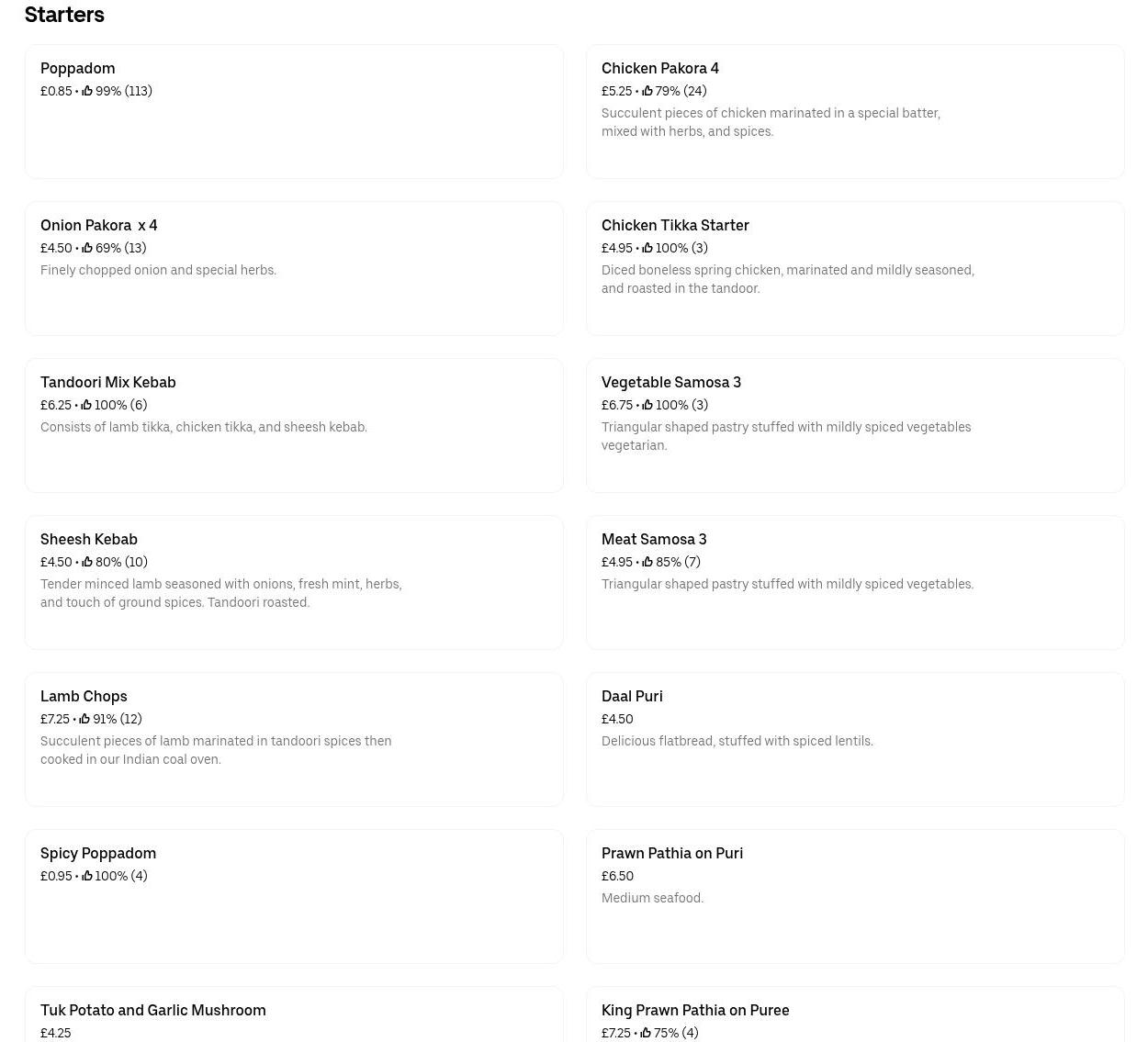 Stourport Tandoori Menu