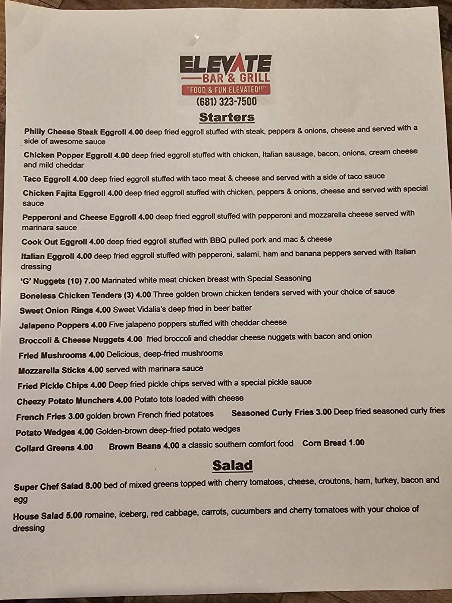 Elevate Bar & Grill Menu