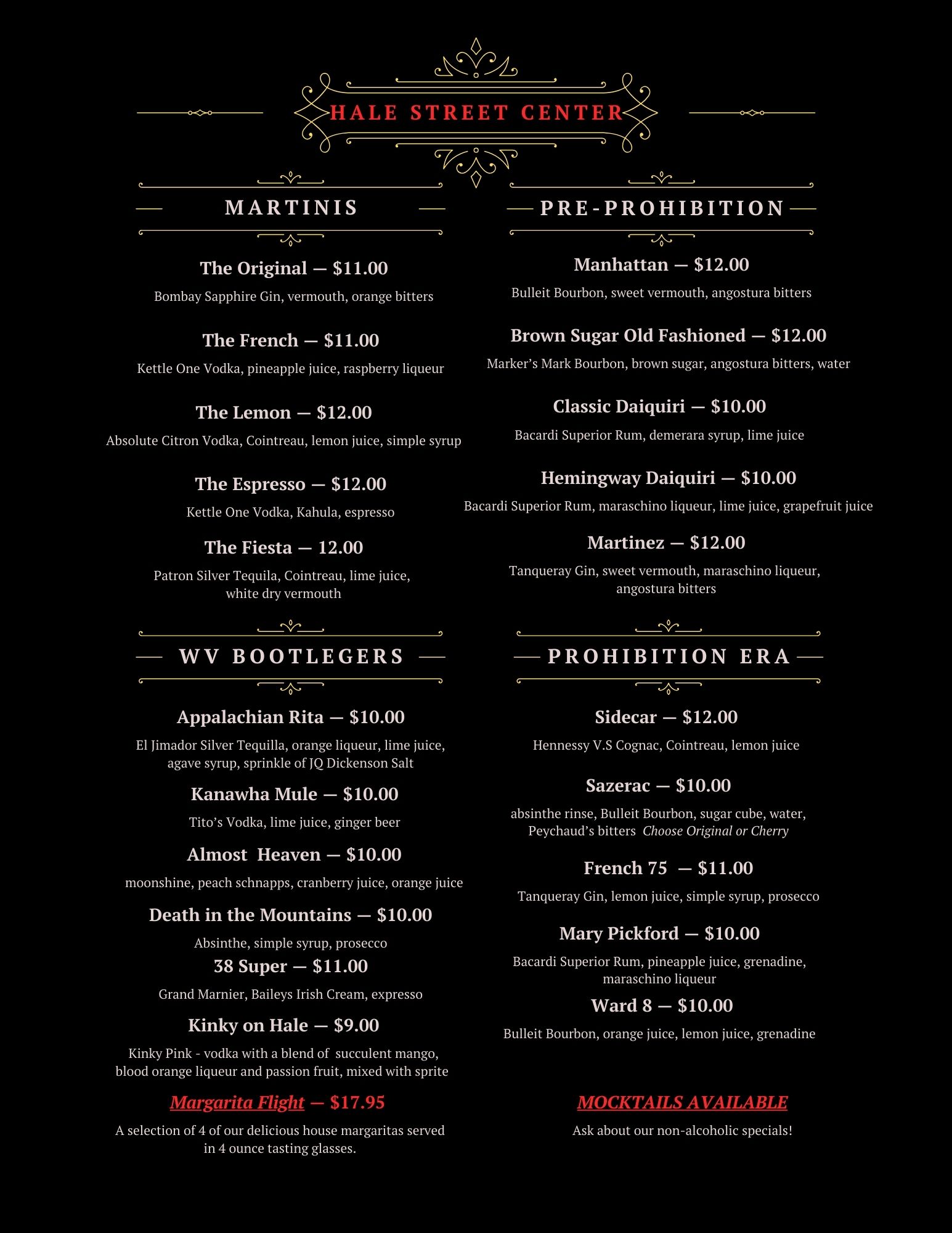 The Volstead Room of the Hale Street Center Menu