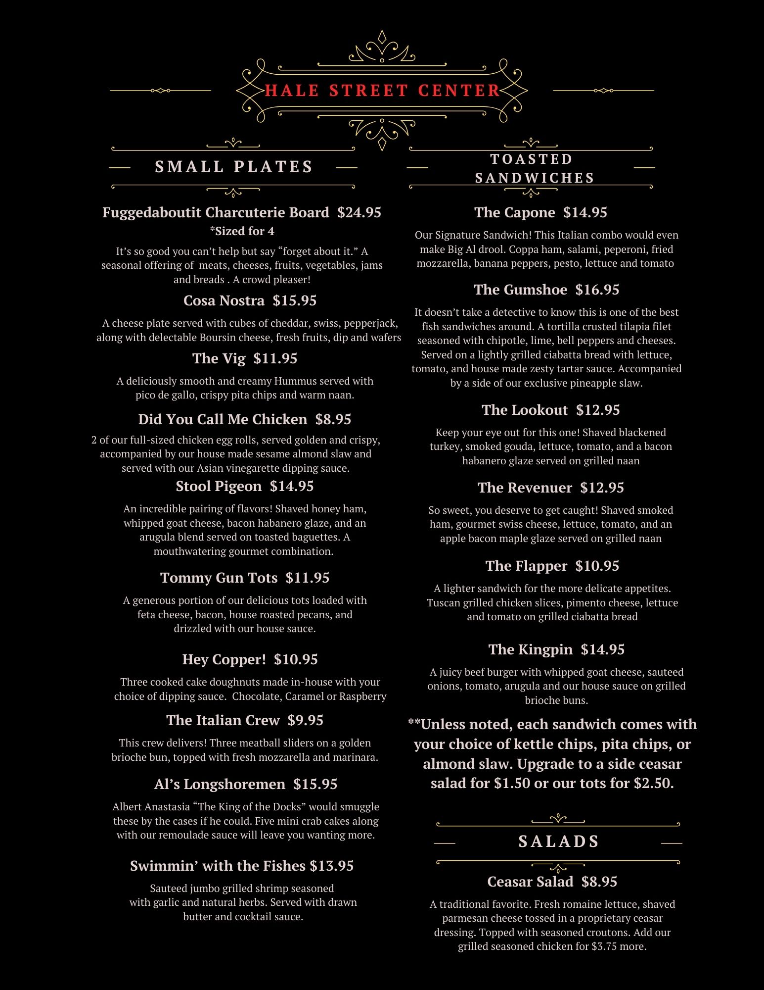 The Volstead Room of the Hale Street Center Menu