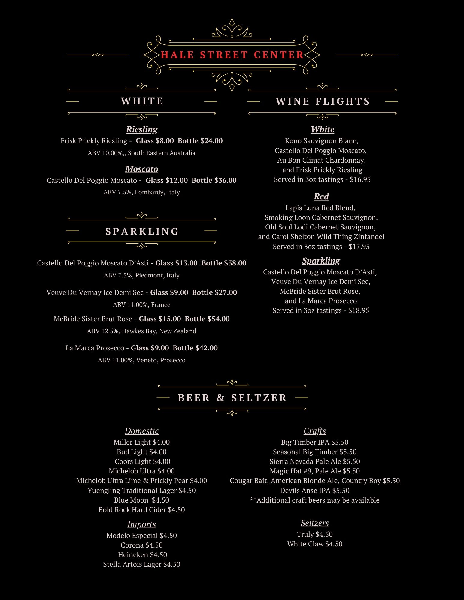 The Volstead Room of the Hale Street Center Menu