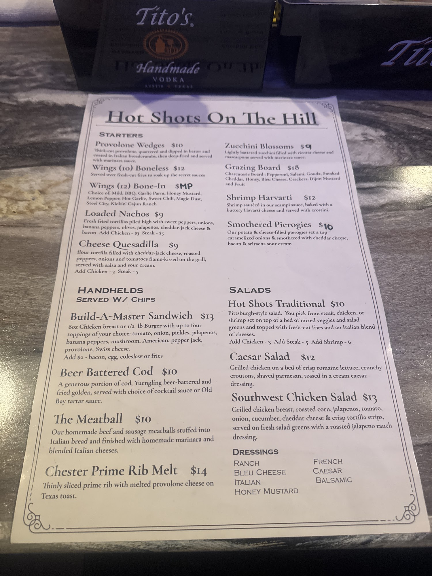 Hot Shots on the Hill Menu