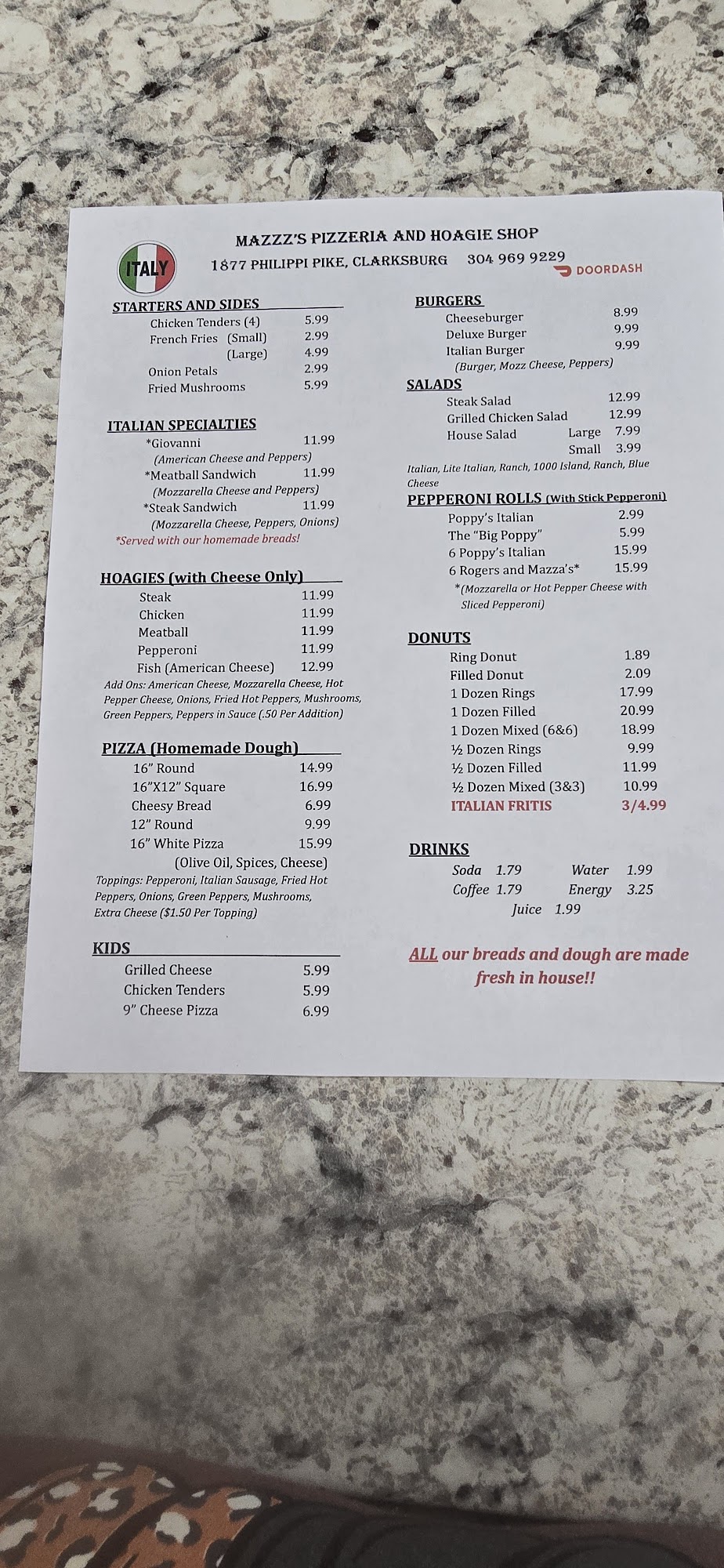 Rogers and Mazza's Italian Bakery Menu