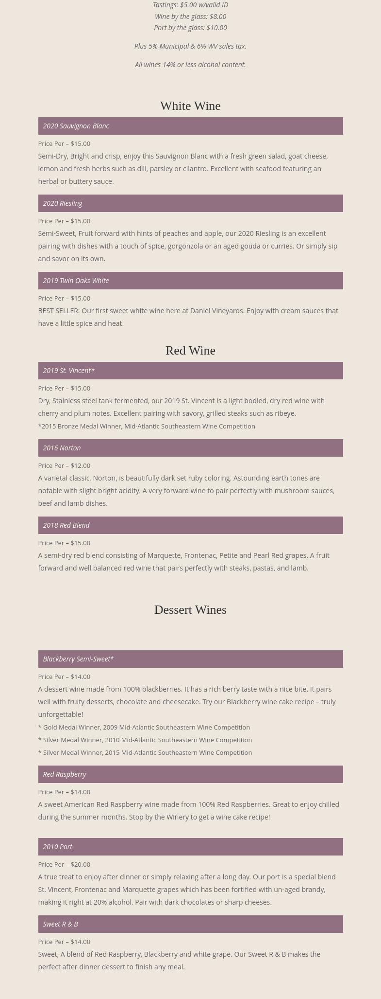 Daniel Vineyards Menu