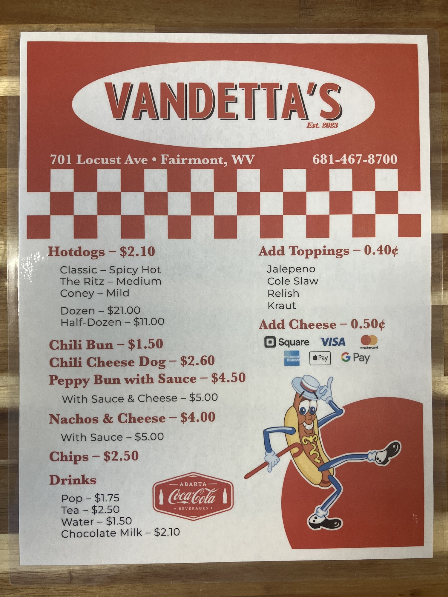 Sonny’s Hotdogs Menu