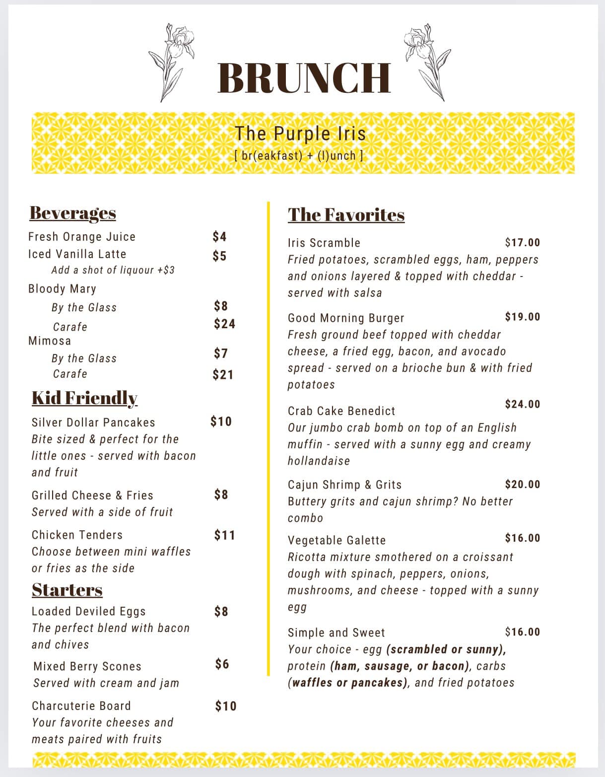 The Purple Iris at Hartwood Mansion Menu