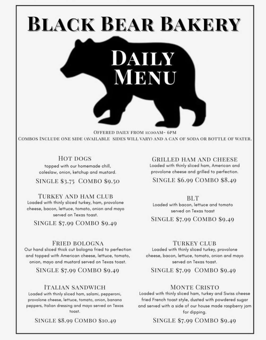 Black Bear Bakery Menu