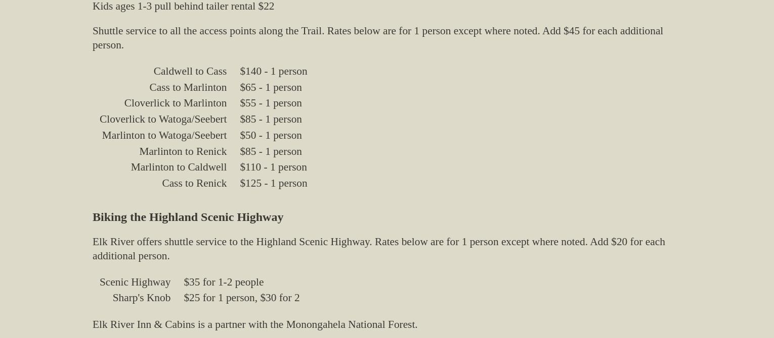 Elk River Inn & Cabins Menu