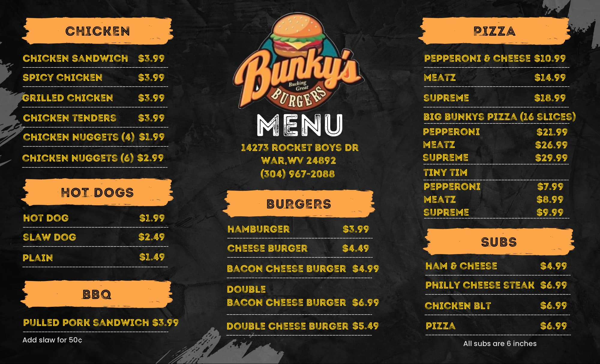 Bunky's Burgers Menu