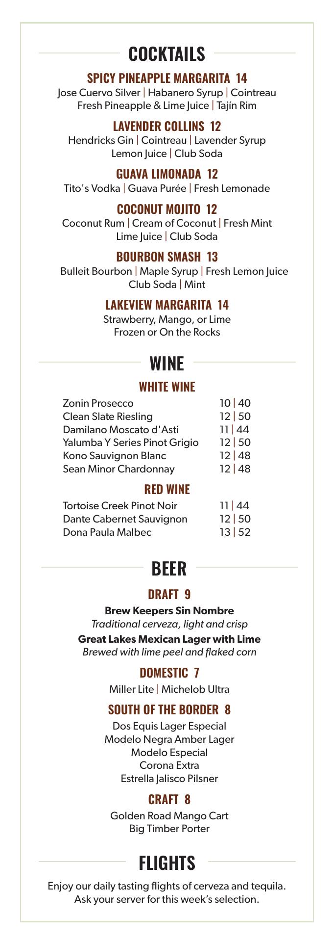 Lakeview Cantina Menu