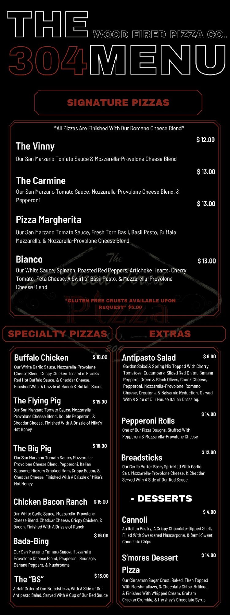 The 304 Wood Fired Pizza Company Menu