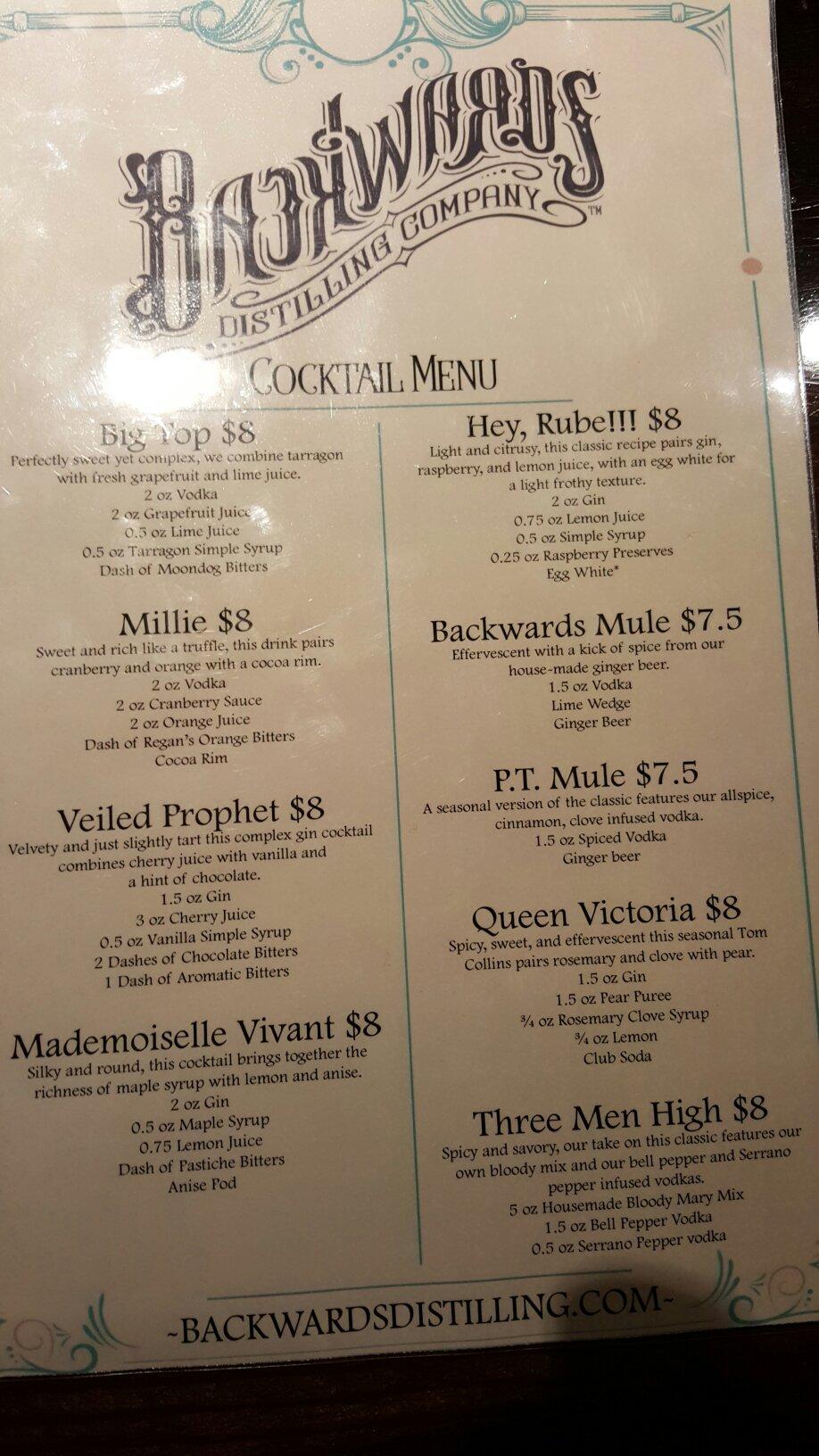 Backwards Distilling Company Menu